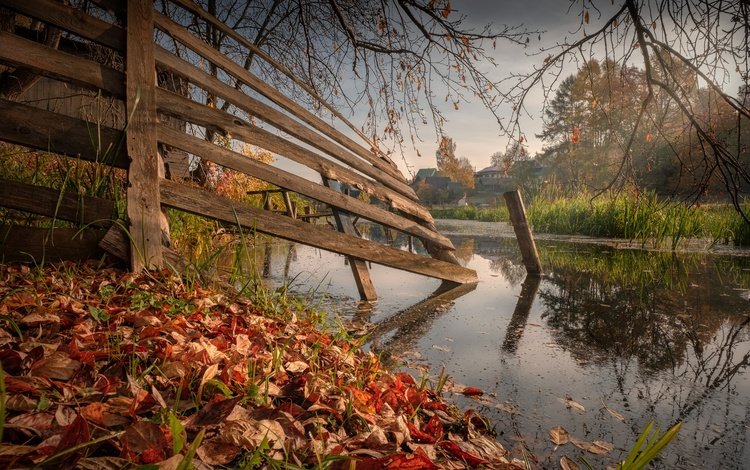 природа, пейзаж, осень, забор, речушка, nature, landscape, autumn, the fence, river