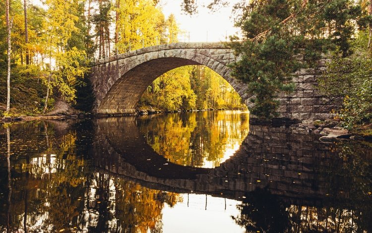 деревья, река, отражение, мост, осень, каменный мост, trees, river, reflection, bridge, autumn, stone bridge