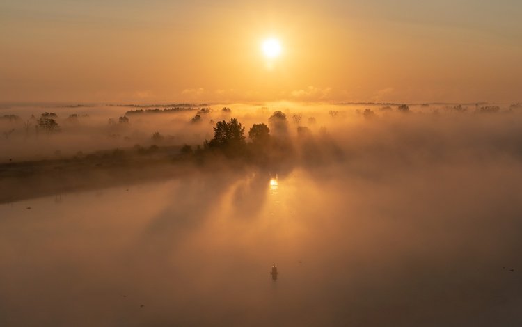 река, солнце, туман, river, the sun, fog