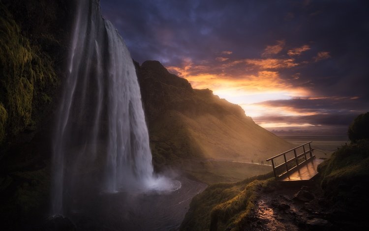 скалы, закат, водопад, исландия, rocks, sunset, waterfall, iceland
