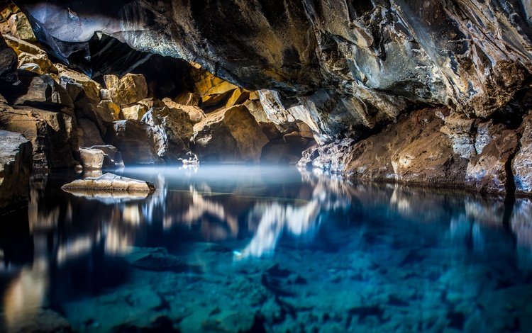 свет, вода, озеро, природа, камни, пещера, исландия, миватн, light, water, lake, nature, stones, cave, iceland, myvatn