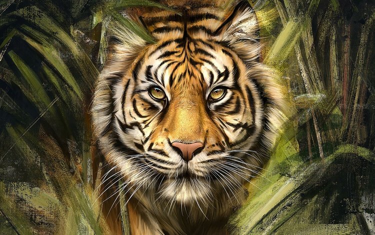 тигр, живопись, морда, заросли, арт, рисунок, листья, портрет, кусты, взгляд, tiger, painting, face, thickets, art, figure, leaves, portrait, the bushes, look