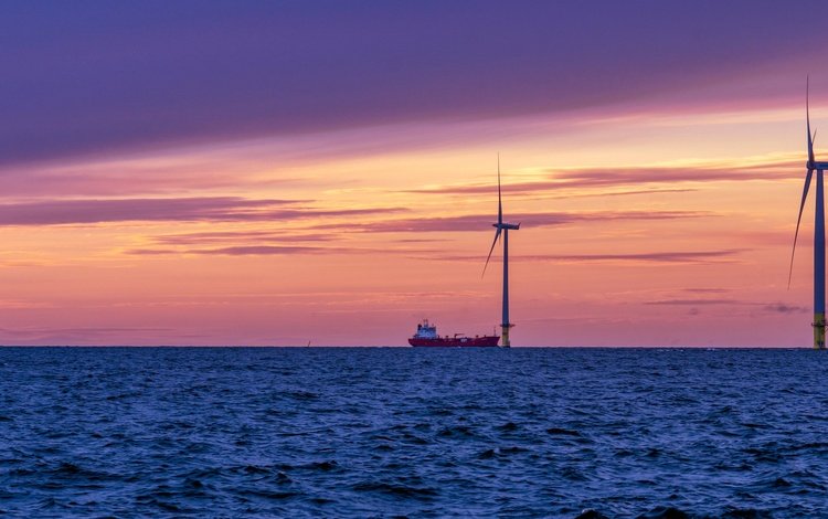 закат, море, корабль, ветряки, финляндия, ветряные мельницы, sunset, sea, ship, windmills, finland