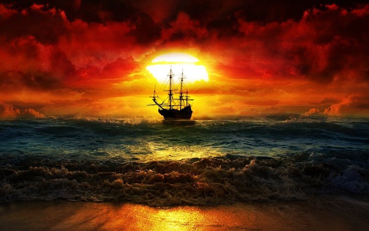 небо, облака, волны, закат, море, корабль, парусник, зарево, the sky, clouds, wave, sunset, sea, ship, sailboat, glow