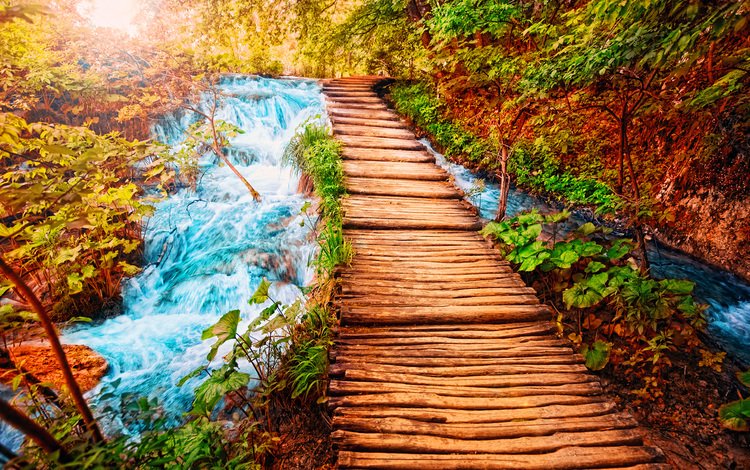 природа, водопад, осень, тропинка, деревянный мост, деревянный настил, nature, waterfall, autumn, path, wooden bridge, wood flooring