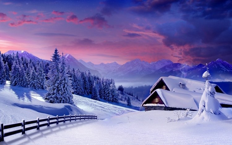 небо, снег, зима, домики, забор, ели, the sky, snow, winter, houses, the fence, ate