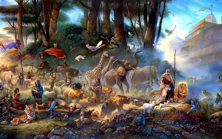 арт, посох, картина, живопись, ковчег, медведи, туман, жирафы, люди, тигры, птицы, львы, слоны, art, staff, picture, painting, the ark, bears, fog, giraffes, people, tigers, birds, lions, elephants