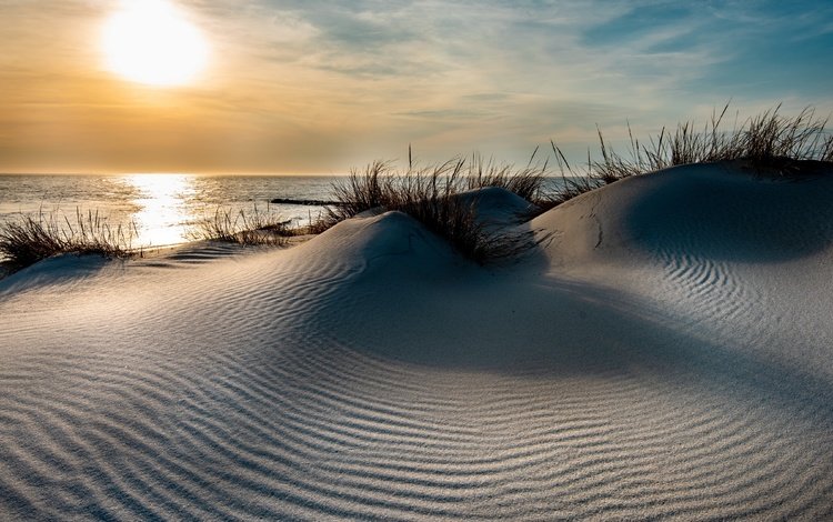 небо, берег, закат, море, песок, горизонт, дюны, the sky, shore, sunset, sea, sand, horizon, dunes