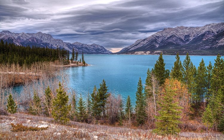 деревья, озеро, горы, природа, тучи, пейзаж, канада, abraham lake, trees, lake, mountains, nature, clouds, landscape, canada