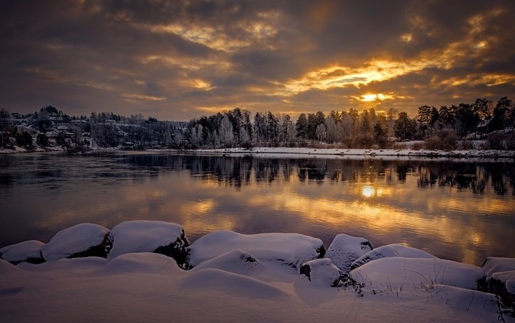 деревья, норвегия, озеро, снег, природа, закат, зима, пейзаж, город, trees, norway, lake, snow, nature, sunset, winter, landscape, the city