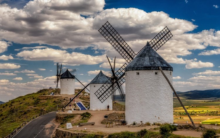 дорога, испания, ветряные мельницы, road, spain, windmills