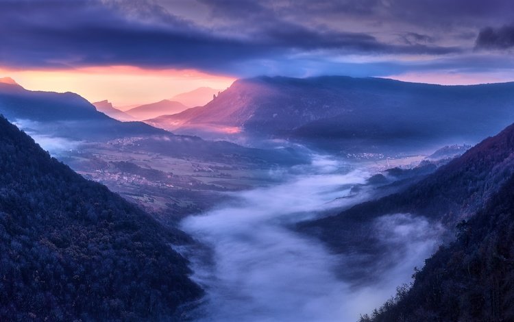 горы, утро, туман, рассвет, панорама, долина, испания, mountains, morning, fog, dawn, panorama, valley, spain