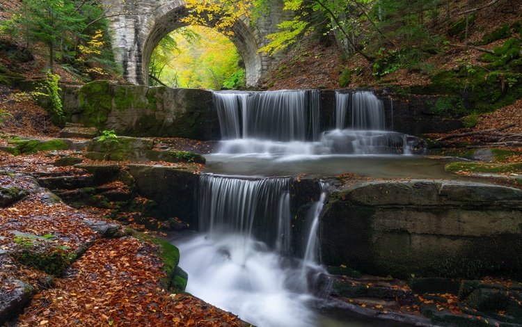 мост, водопад, осень, опавшие листья, каскад, болгария, bridge, waterfall, autumn, fallen leaves, cascade, bulgaria