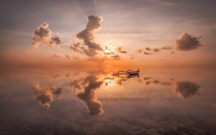облака, закат, отражение, море, лодка, clouds, sunset, reflection, sea, boat