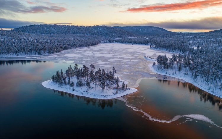 озеро, лес, зима, панорама, лёд, остров, финляндия, лапландия, lake, forest, winter, panorama, ice, island, finland, lapland