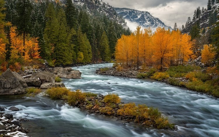 река, горы, осень, river, mountains, autumn