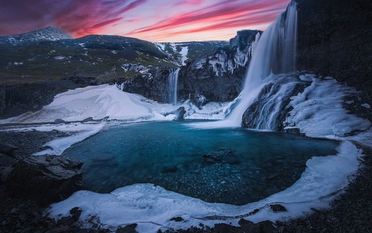 река, горы, закат, скала, водопад, лёд, исландия, river, mountains, sunset, rock, waterfall, ice, iceland
