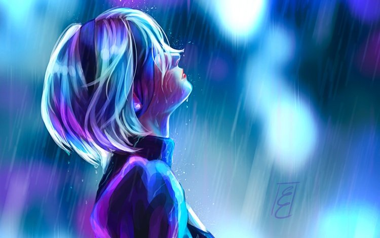 рисунок, девушка, дождь, nier automata, figure, girl, rain