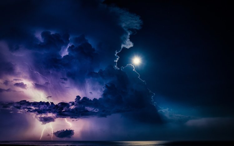 тучи, молния, луна, гроза, clouds, lightning, the moon, the storm