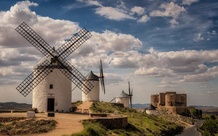 замок, испания, ветряная мельница, castle, spain, windmill