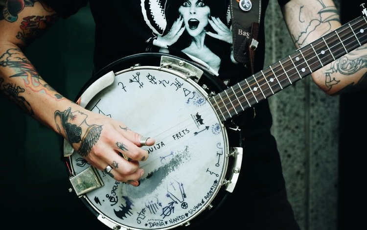 татуировки, руки, музыкальный инструмент, банджо, tattoo, hands, musical instrument, banjo