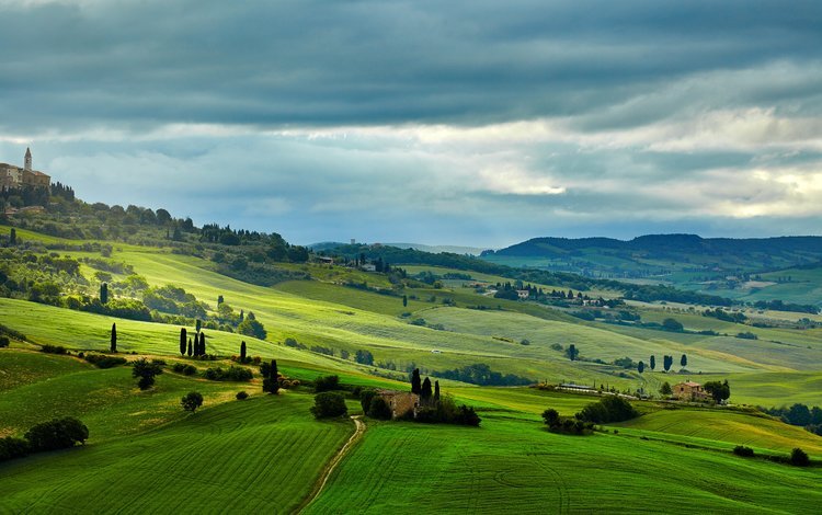 деревня, италия, тоскана, красивые пейзажи, зеленые поля, village, italy, tuscany
