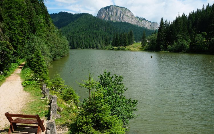 озеро, горы, лес, скамейка, румыния, red lake, lake, mountains, forest, bench, romania