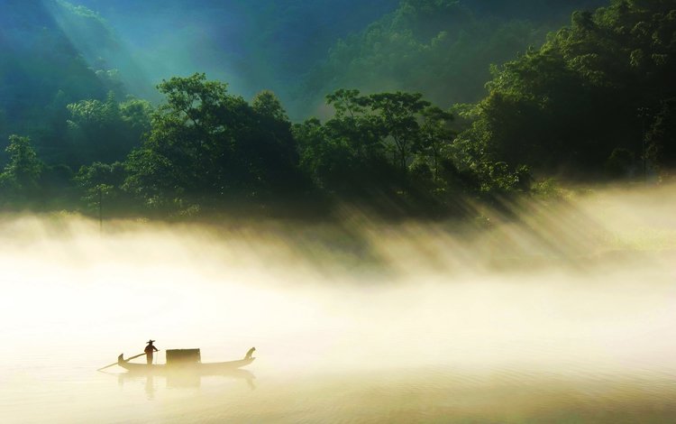 озеро, пейзаж, туман, лучи солнца, лодка, китай, силуэт, рыбак, lake, landscape, fog, the rays of the sun, boat, china, silhouette, fisherman