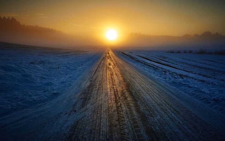 дорога, снег, природа, закат, зима, горизонт, road, snow, nature, sunset, winter, horizon