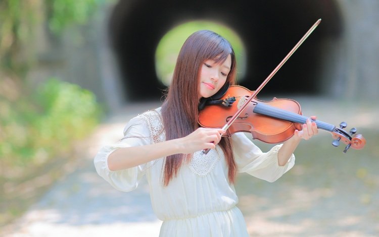 девушка, скрипка, азиатка, длинные волосы, музыкальный инструмент, смычок, girl, violin, asian, long hair, musical instrument, bow