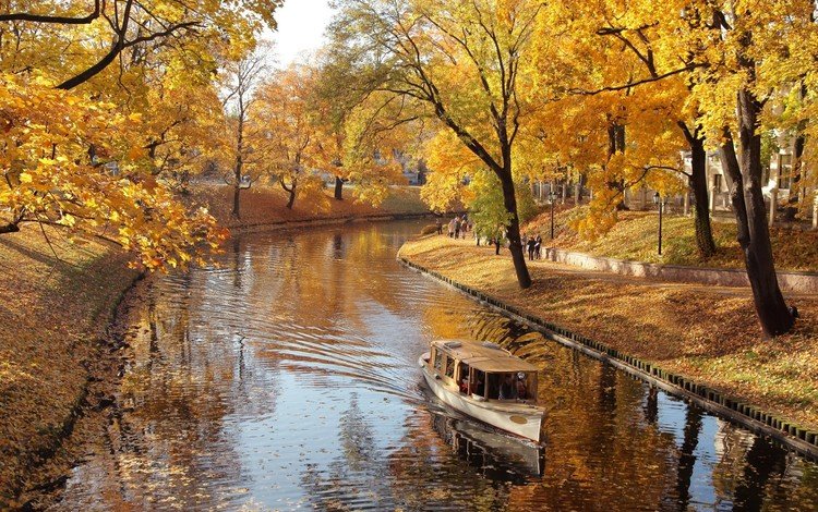 деревья, река, природа, парк, осень, лодка, листопад, trees, river, nature, park, autumn, boat, falling leaves