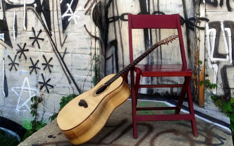 гитара, стена, струны, стул, музыкальный инструмент, guitar, wall, strings, chair, musical instrument