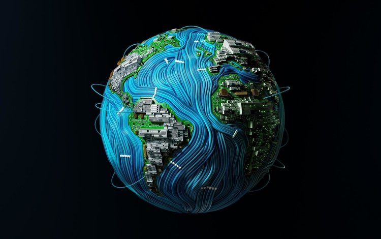 земля, провода, планета, мир, графика, сфера, черный фон, технологии, earth, wire, planet, the world, graphics, sphere, black background, technology