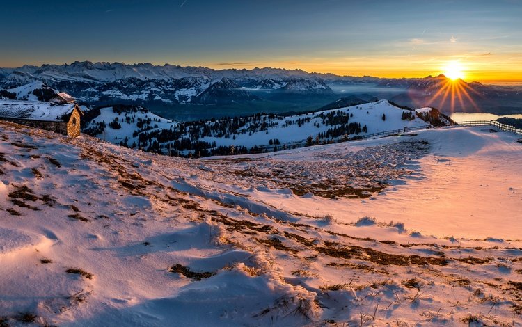 горы, солнце, снег, пейзаж, швейцария, mountains, the sun, snow, landscape, switzerland