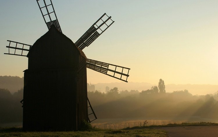 холмы, утро, туман, ветряная мельница, hills, morning, fog, windmill