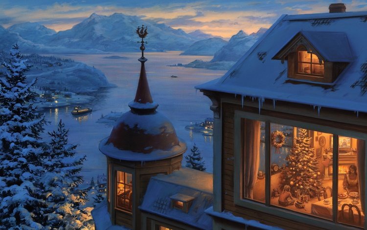 свет, снег, елка, зима, дом, окна, рождество, евгений лушпин, light, snow, tree, winter, house, windows, christmas