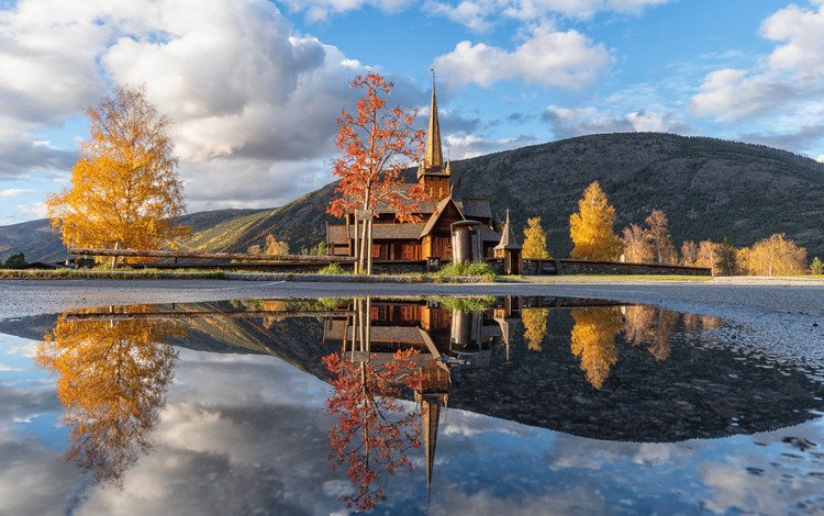 облака, горы, природа, отражение, осень, церковь, норвегия, vestlandet, clouds, mountains, nature, reflection, autumn, church, norway