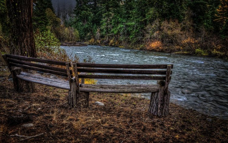 река, осень, скамья, river, autumn, bench
