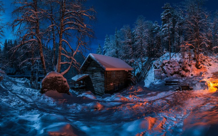 ночь, мюллюкоски, деревья, снег, лес, костёр, избушка, хижина, финляндия, myllykoski, night, trees, snow, forest, the fire, hut, finland