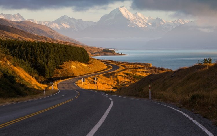 дорога, горы, лес, новая зеландия, road, mountains, forest, new zealand