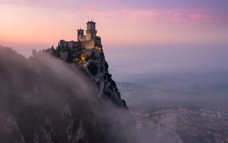 утро, скала, туман, замок, на краю, morning, rock, fog, castle, on the edge