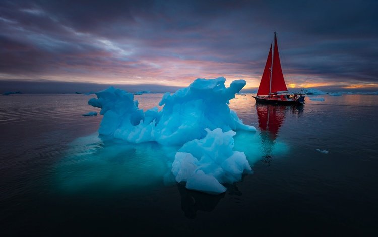 закат, гренландия, отражение, пейзаж, парусник, лодка, океан, льды, паруса, sunset, greenland, reflection, landscape, sailboat, boat, the ocean, ice, sails