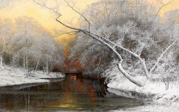деревья, река, зима, вечер - закат в цветах зимнего пейзажа, арвид мауритц линдстрём
