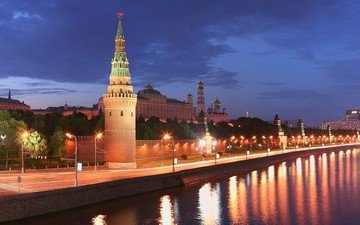 река, москва, кремль, город, башня, дома, россия, здания