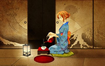 комната, чай, кимоно, one piece, nami, японская одеда