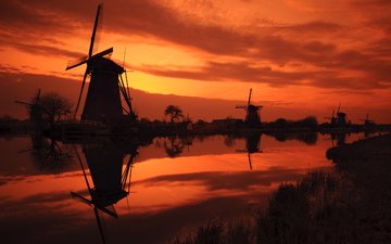 небо, мельницы, ветряки, нидерланды, kinderdijk sunset, идерланды