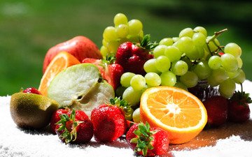 виноград, еда, фрукты, клубника, ягоды, апельсин, киви