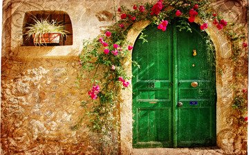 цветы, узор, город, дверь, домик, vintage loveliness, старый, каменный, малиновые