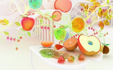 chromatic fruits, разноцветные, фрукты, яблоки, апельсины, клубника, яглды