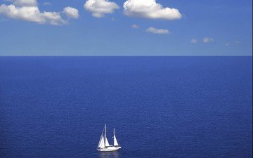 облака, синий, море, горизонт, яхта